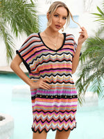 Angel Wings Rainbow Stripe Scalloped V-Neck Cover-Up Dress - Ladyez