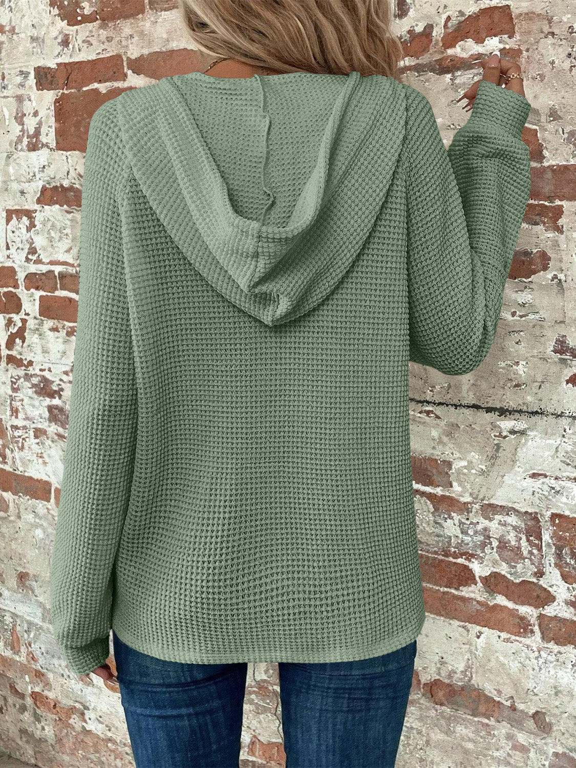 Waffle Knit Long Sleeve Drawstring Hooded Top - Ladyez