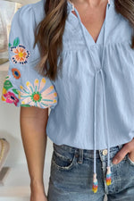 Embroidered Tie Neck Short Sleeve Blouse - Ladyez