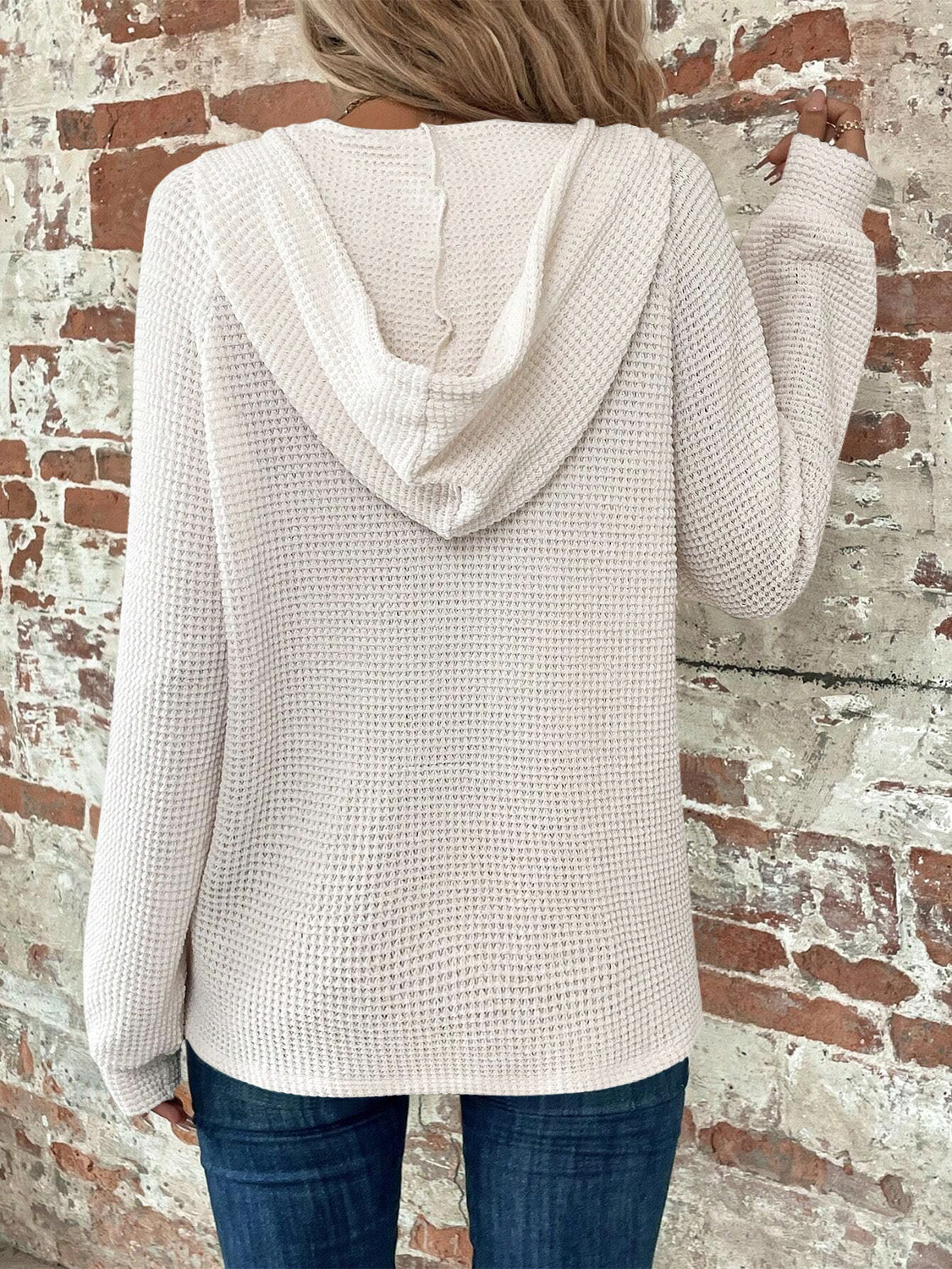 Waffle Knit Long Sleeve Drawstring Hooded Top - Ladyez