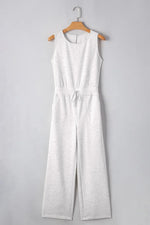 Solid Color Crew Neck Drawstring High Waist Sleeveless Jumpsuit