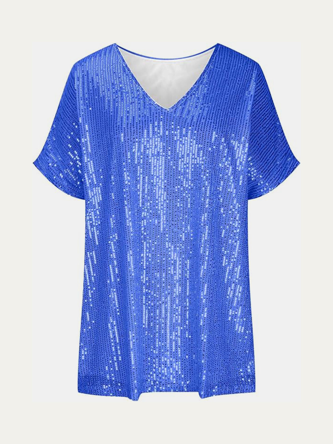 Full Size Sequin V-Neck Short Sleeve Top - Ladyez