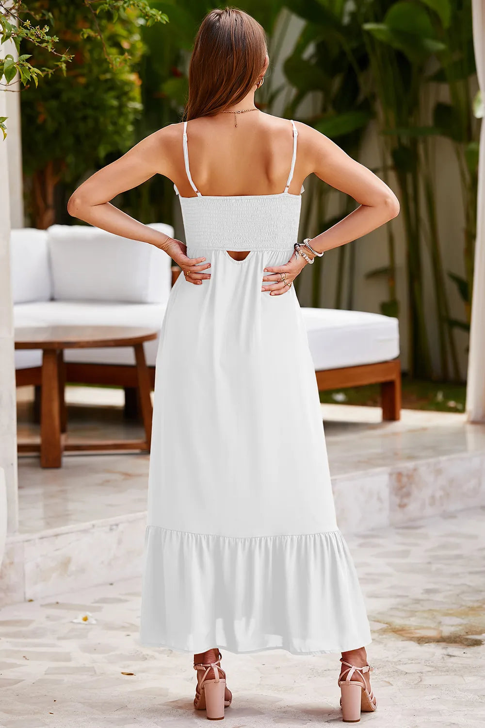 Smocked Spaghetti Strap Ruffle Hem Dress - Ladyez