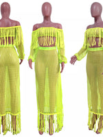 Full Size Crochet Off-Shoulder Fringe Top and Skirt Set Plus Size