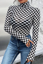 Checkered Turtleneck Long Sleeve Bodysuit - Ladyez