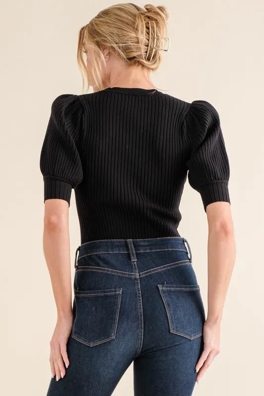 And The Why Puffed Half Sleeve Rib Basic Bodysuit - Ladyez