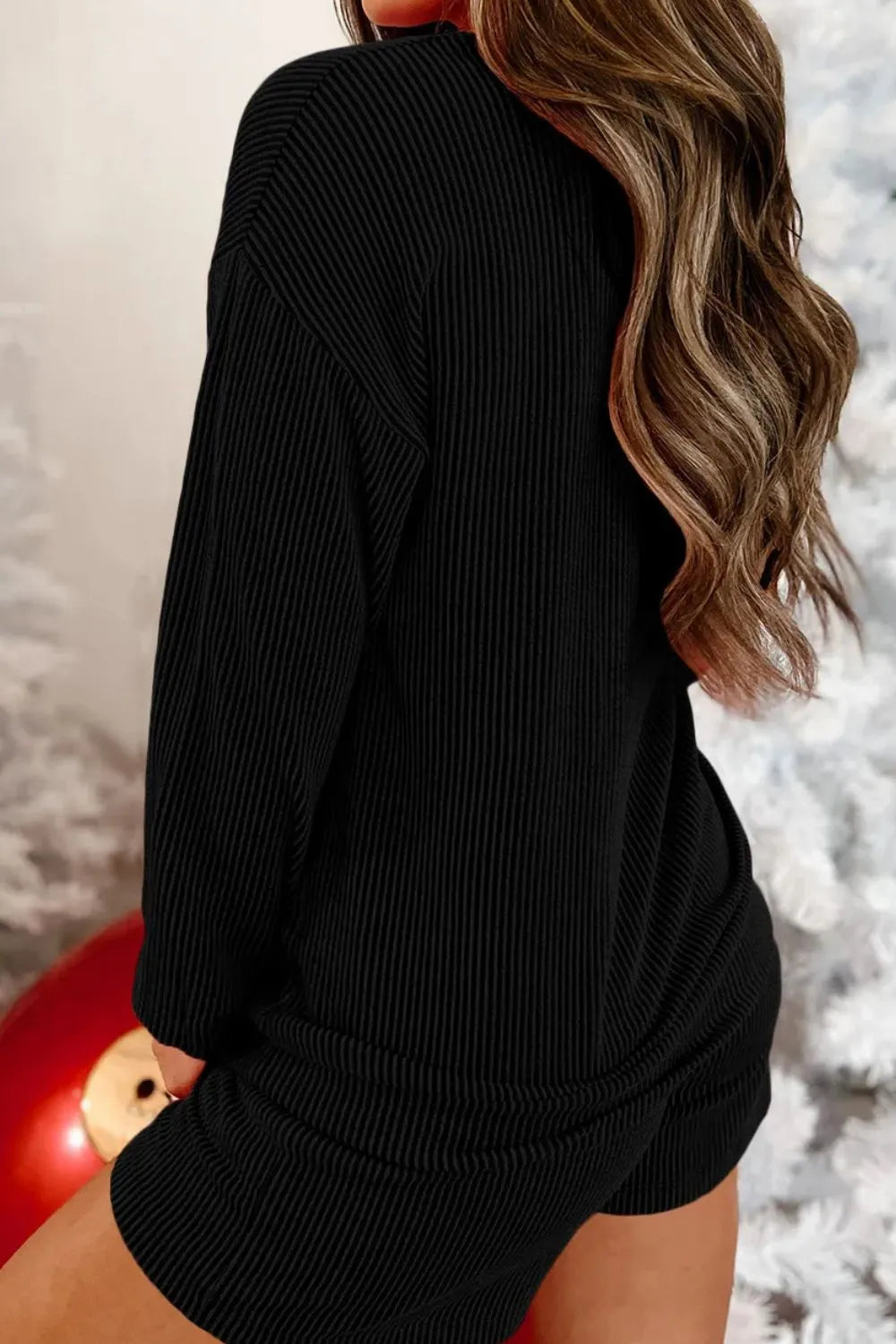 MERRY Round Neck Long Sleeve Top and Shorts Lounge Set - Ladyez