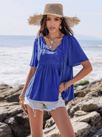 Lace Detail Tie Neck Short Sleeve Top