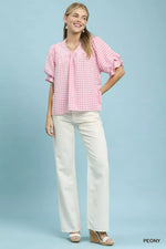 Umgee Gingham Check Blouse with Ruffle Sleeves