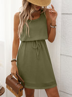 Waffle-Knit Drawstring Mini Tank Dress - Ladyez
