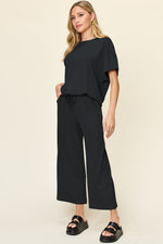 Double Take Full Size Texture Round Neck Short Sleeve T-Shirt and Wide Leg Pants - Ladyez