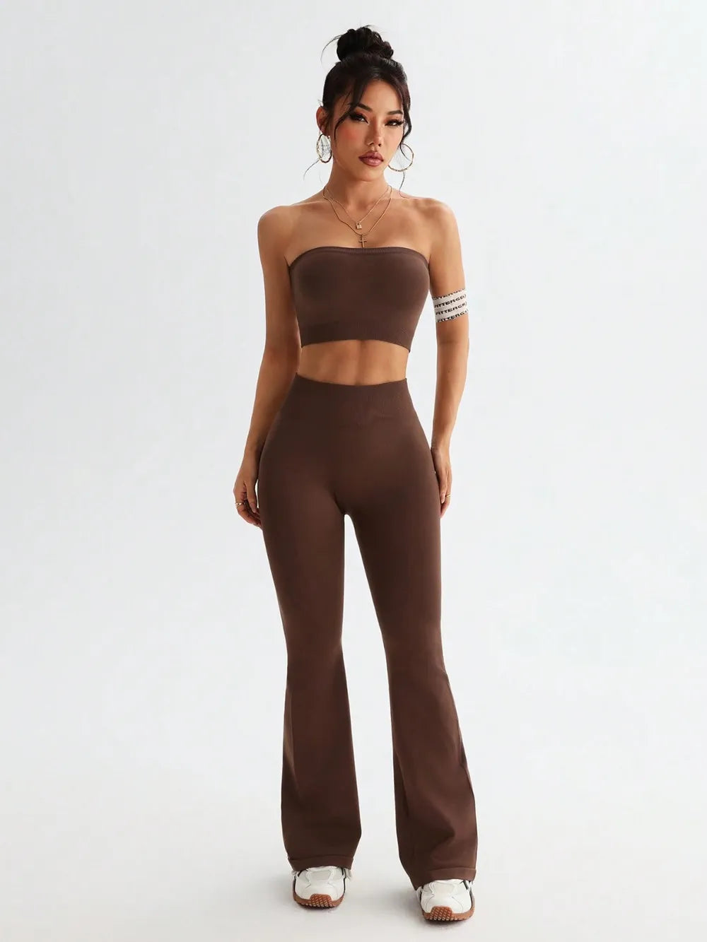 Tube Top and High Waist Flare Pants Active Set - Ladyez