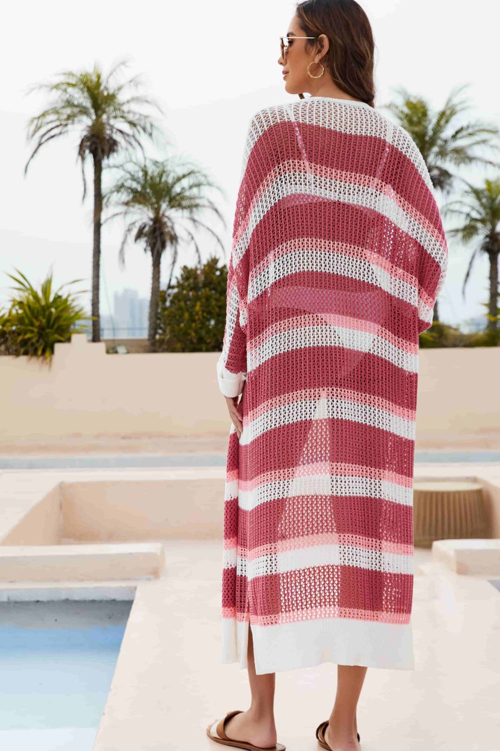 Striped Open Front Side Slit Duster Cover Up - Ladyez