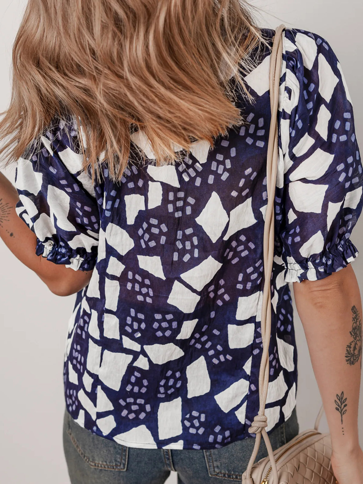 Abstract Print Frilled Puff Sleeve V Neck Blouse - Ladyez