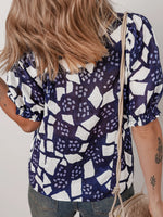 Abstract Print Frilled Puff Sleeve V Neck Blouse - Ladyez