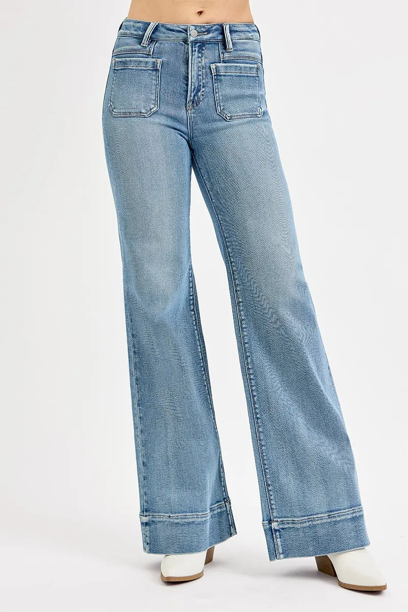 RISEN Full Size High Rise Wide Flare Patch Pocket Jeans Plus Size - Ladyez