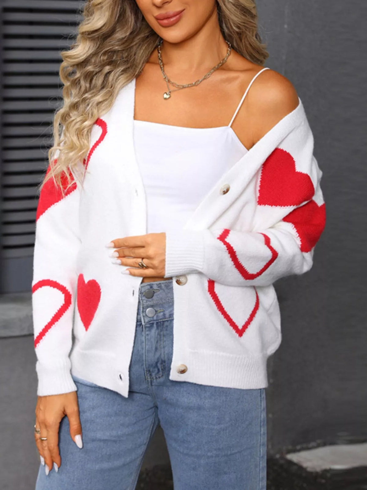 Valentine's Day Heart Pattern Button-Up Knit Cardigan