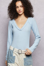 POL V-Neck Long Sleeve Ribbed Top with Lace-Accent Neckband