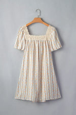Multicolour Floral Print Contrast Ribbon Bow Lace Trim Square Neck Mini Dress