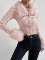 Faux Fur Trim Ribbed Knit Cropped Cardigan