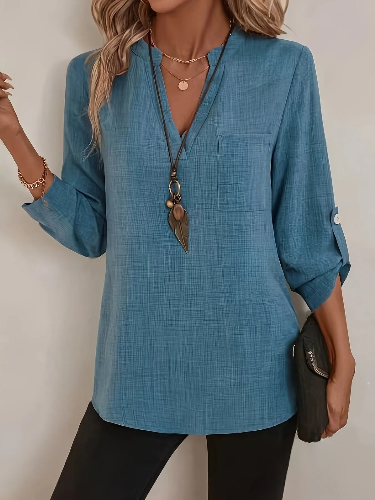 Notched Roll-Tab Sleeves Blouse - Ladyez