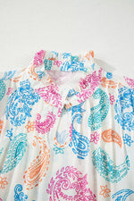 Multicolour Vibrant Paisley Printed Button Keyhole Puff Sleeve Blouse