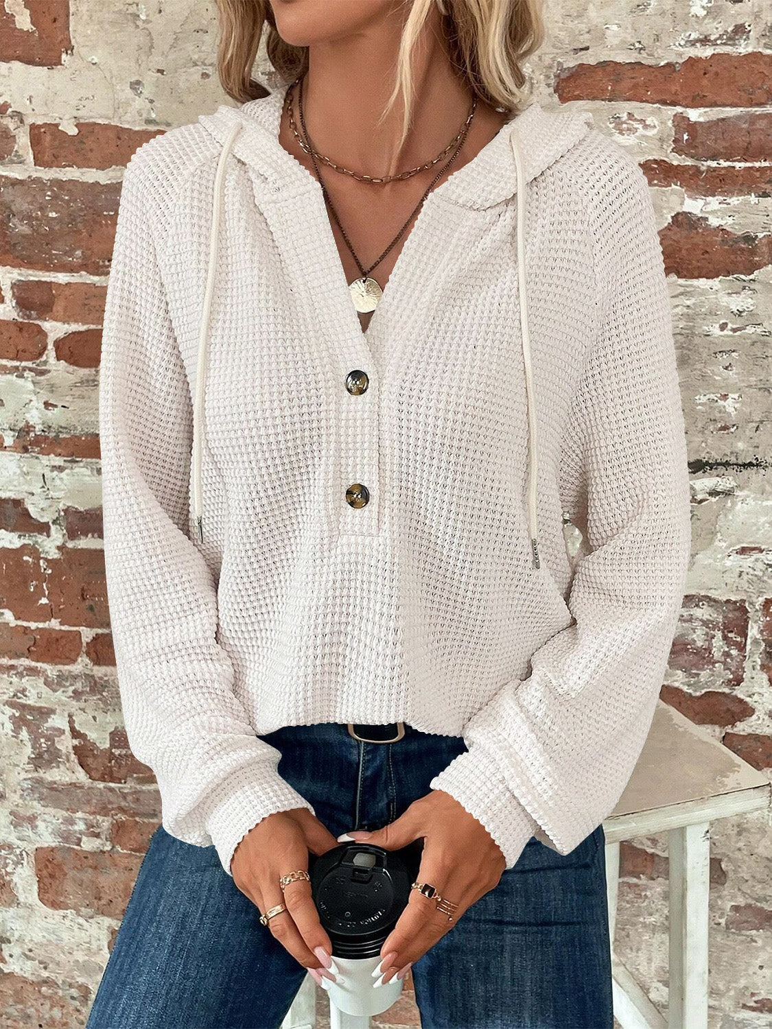 Waffle Knit Long Sleeve Drawstring Hooded Top - Ladyez
