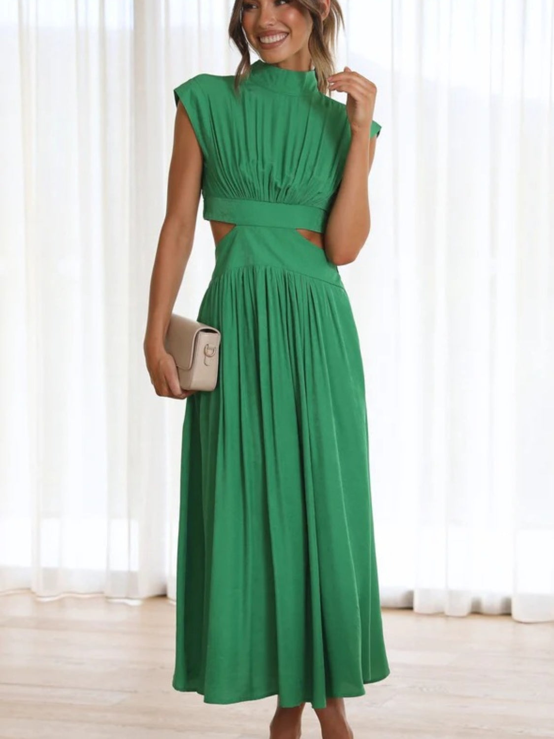 Cutout Mock Neck Sleeveless Ruched Dress - Ladyez