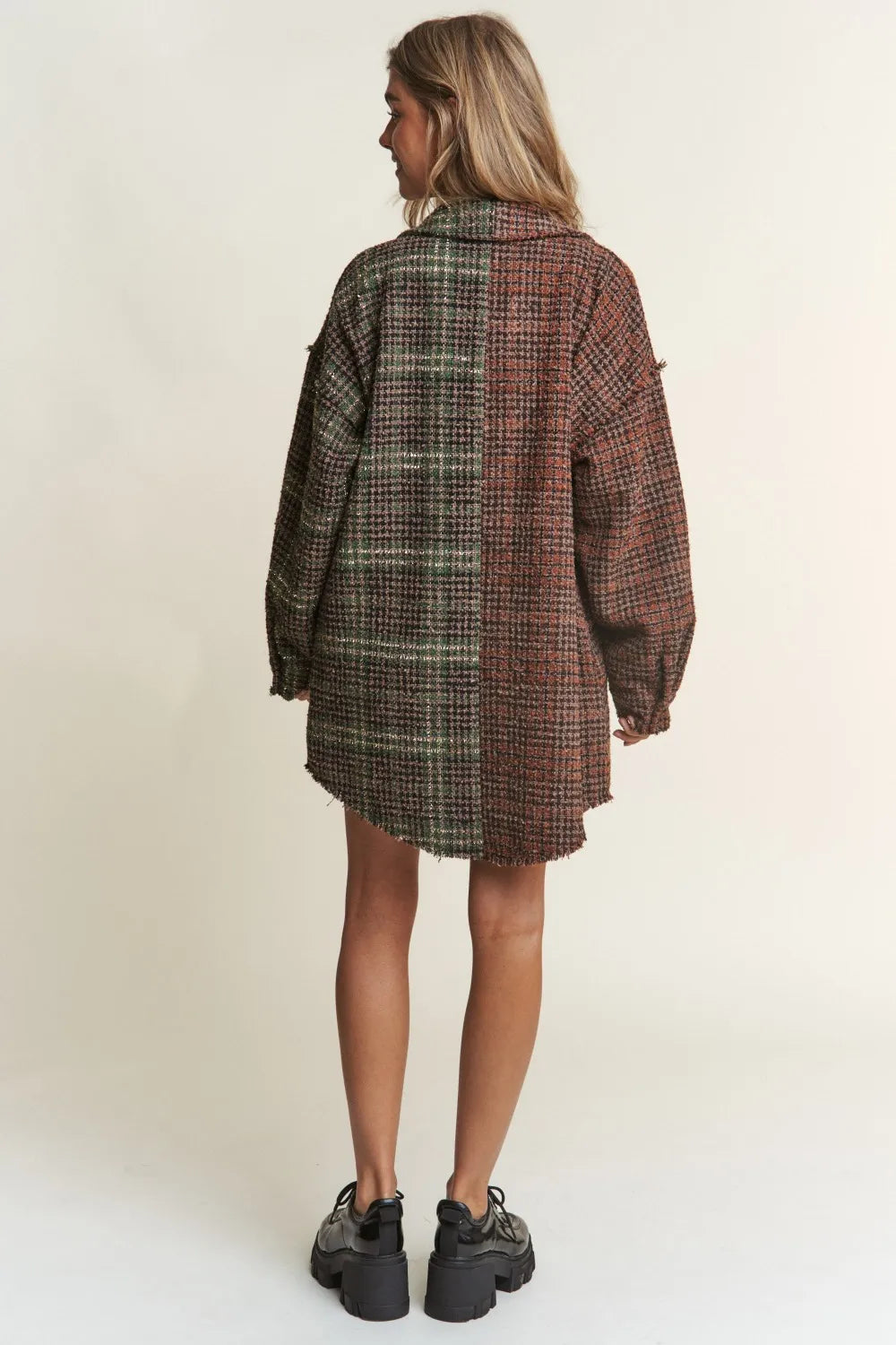 J.NNA Snap Down Tweed Plaid ContrastLongline Shacket