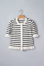Stripe Ruffle Trim Button Down Knit Short Sleeve Sweater Cardigan
