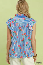 Umgee Striped Floral Ruffle Sleeve Top with Contrast Trim