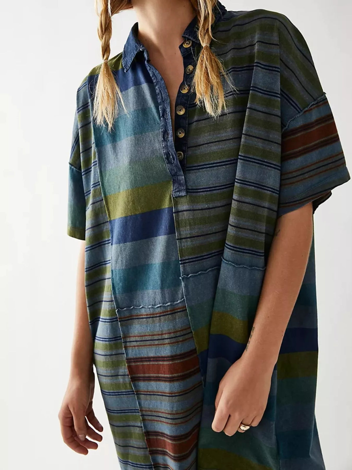 Striped Oversized Half Button Shirt Dress