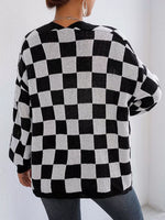 Checkerboard Pattern Open Front Knit Cardigan