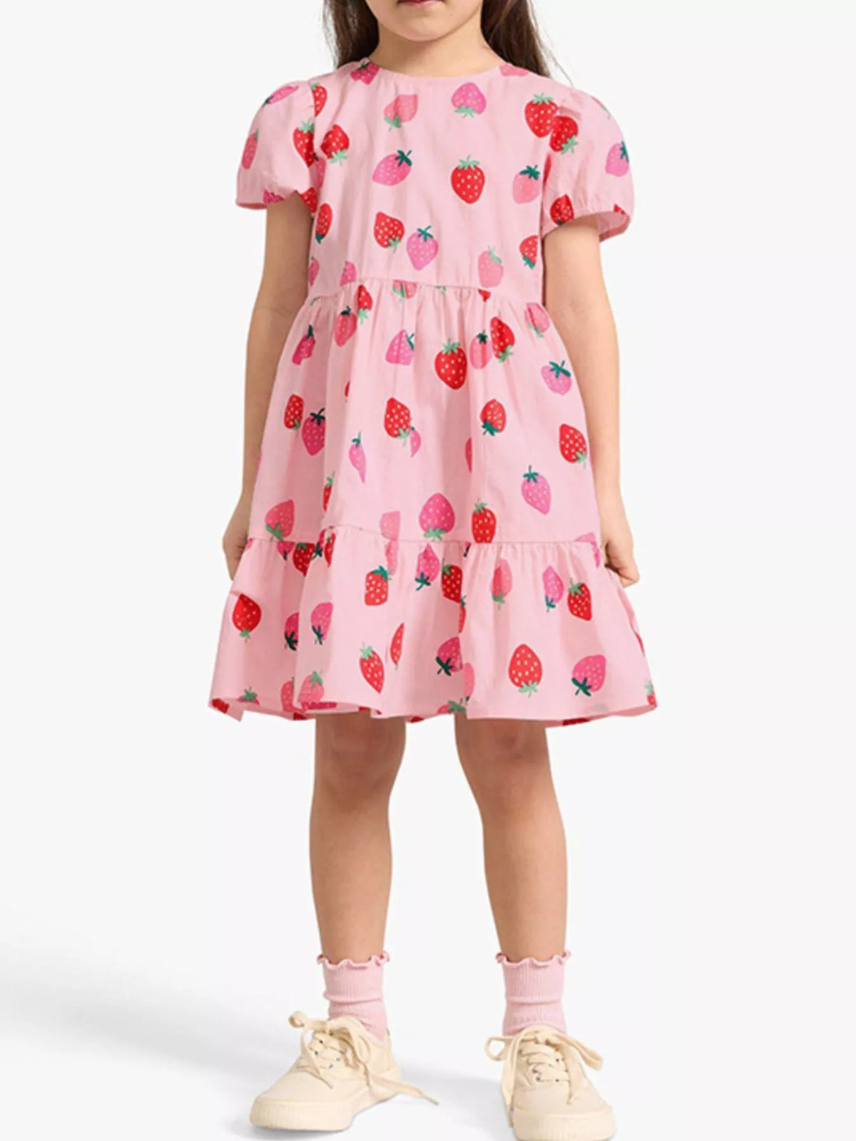 Children's Strawberry Print Tiered Puff Sleeve Dress