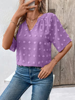 Ivy Lane Swiss Dot Notched Half Sleeve Blouse