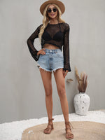 Openwork Flare Sleeve Cropped Cover Up - Ladyez