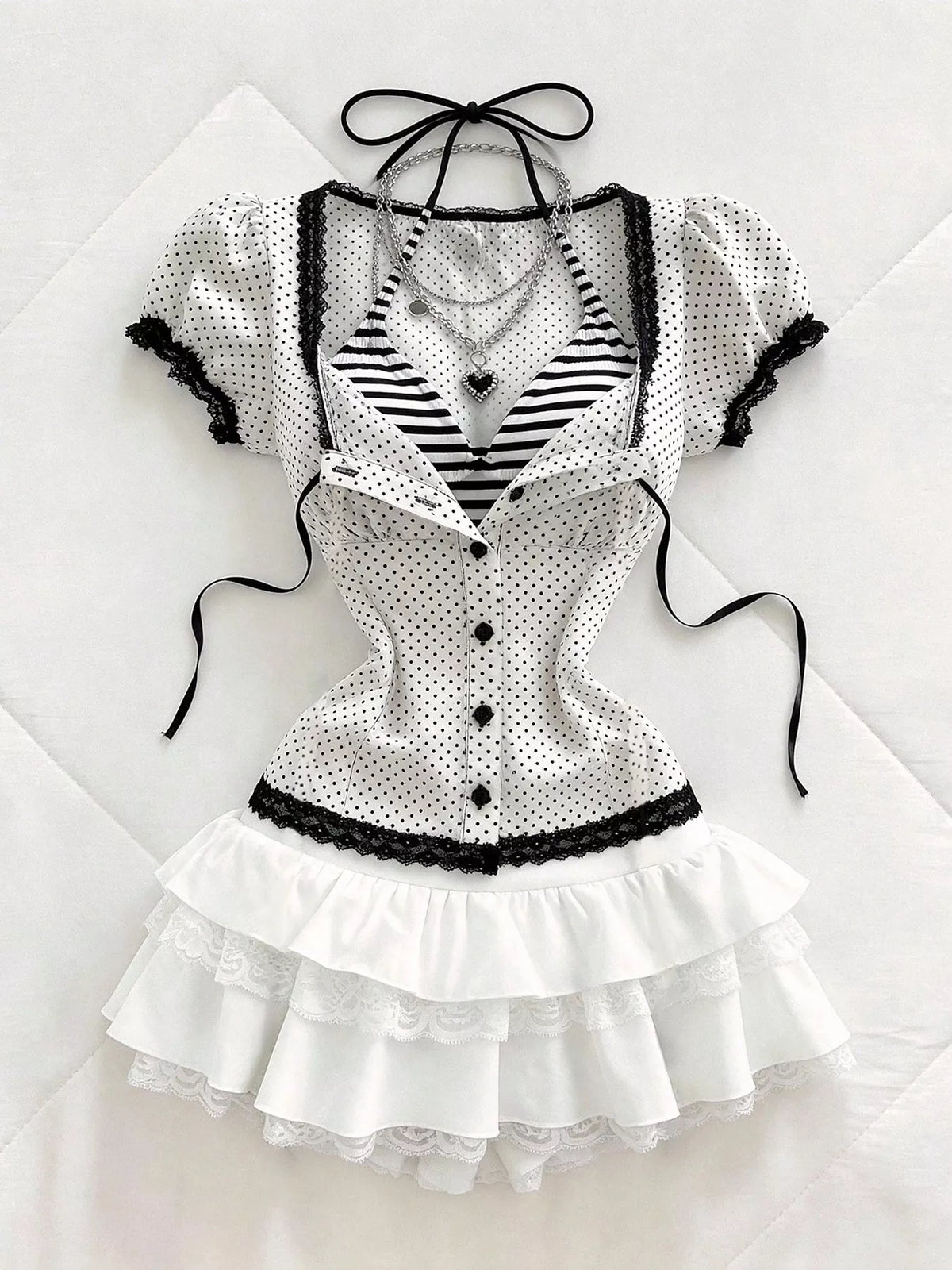 Polka Dot Lace Trim Puff Sleeve Top