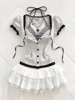 Polka Dot Lace Trim Puff Sleeve Top