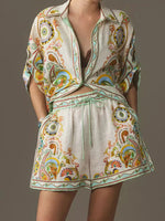 Printed Button Up Shirt and Shorts Set