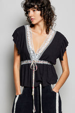 POL Tied Ruffled V-Neck Short Sleeve Blouse with Lace Detail
