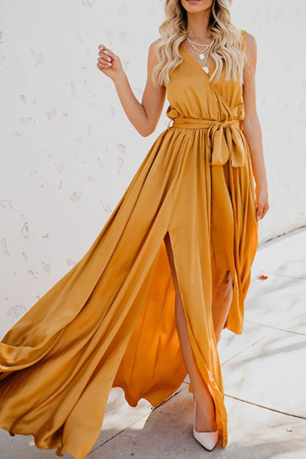 Surplice Tie Waist Maxi Dress - Ladyez