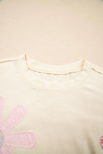 Flower Patched Exposed Stitching Trim Crew Neck Loose Tee