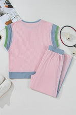 Contrast Round Neck Top and Pants Set - Ladyez