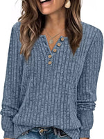 Ribbed Knit Button-Front Long Sleeve T-Shirt