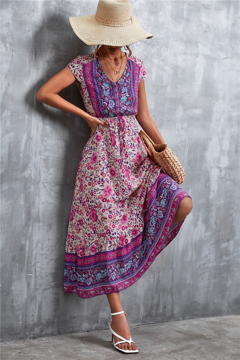 V-Neck Short Sleeve Printed Maxi Dress - Ladyez