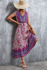 V-Neck Short Sleeve Printed Maxi Dress - Ladyez