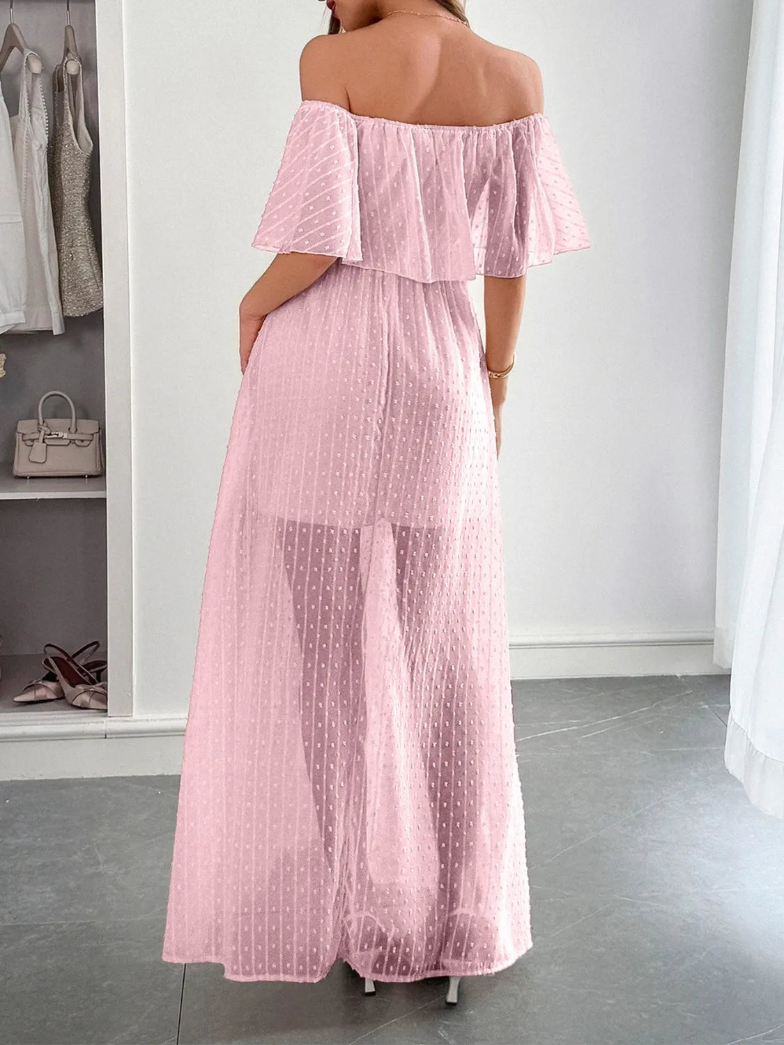 Swiss Dot Off Shoulder Maxi Dress - Ladyez