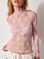 Lace Mock Neck Long Sleeve Blouse - Ladyez