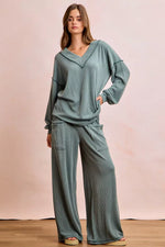 BiBi Two Tone Cord Rib Contrast Stitching V-Neck Top and Pants Set
