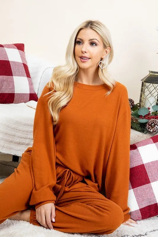 Super Lady Full Size Fuzzy Hacci Brush Round Neck Top and Pants Lounge Set - Ladyez